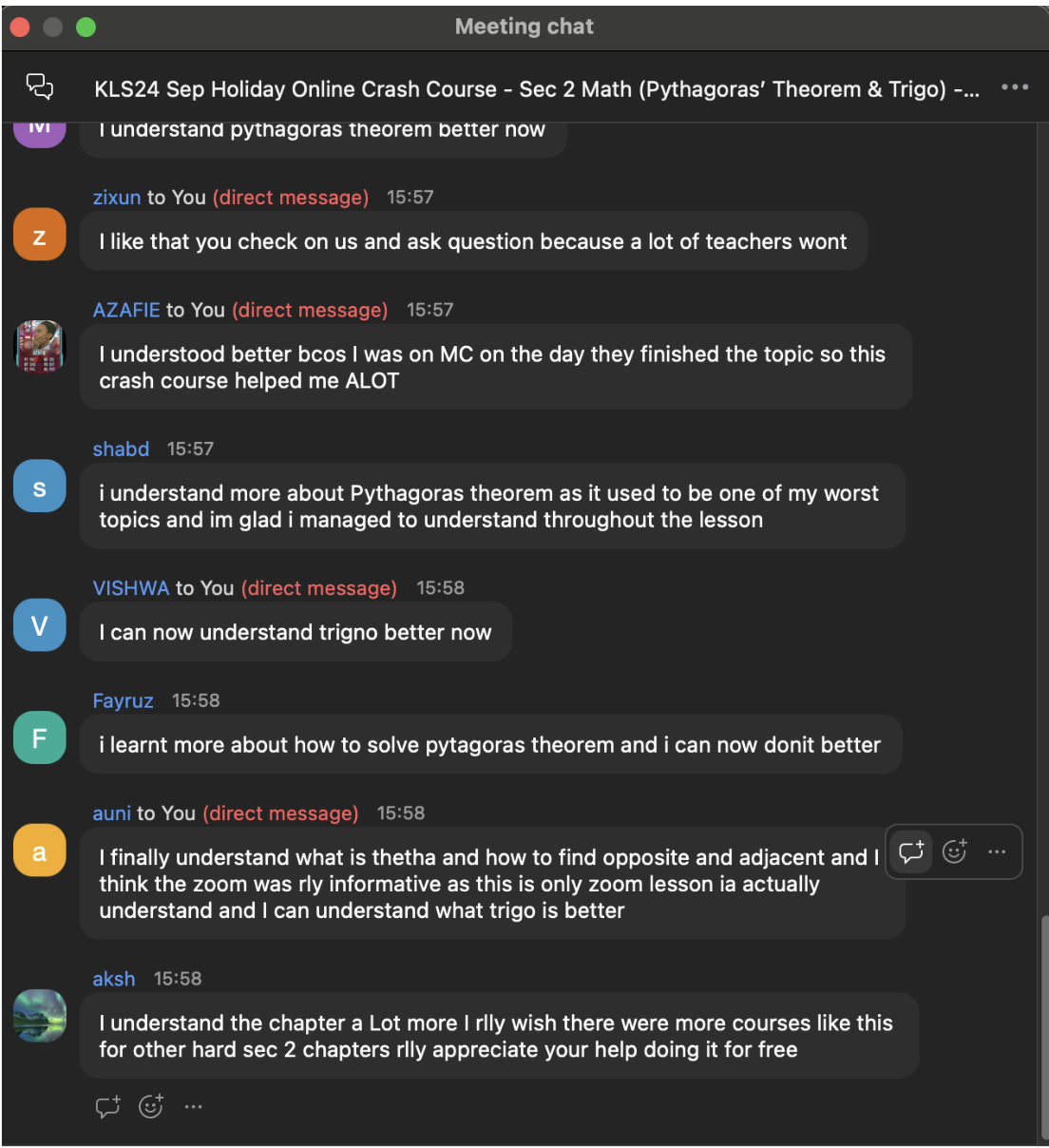 Student chat screenshot showing deep understanding of trigonometry and Pythagoras' theorem